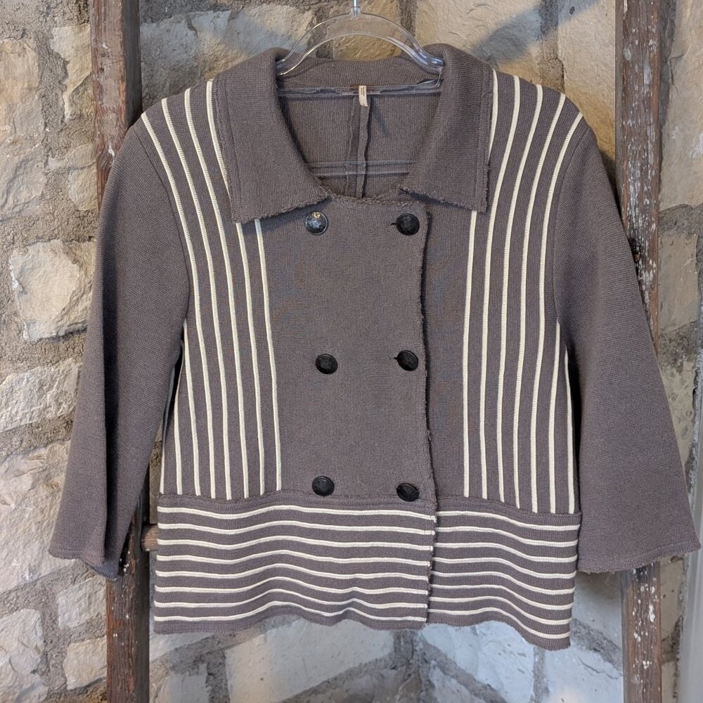 NWOT Free People Gray Double Breasted 3/4 Sleeve Cardigan Sweater Jacket  Sz L